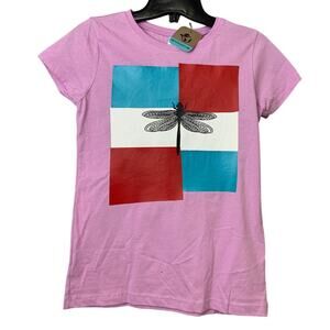 New Upcycled Hand Printed Girls Size Large 10/12 Colorblock Dragonfly Tee Shirt